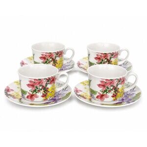 Savoir Vivre Meadow Splendor Flat Cup & Saucer Set Oven To Table Set of 4 YA053